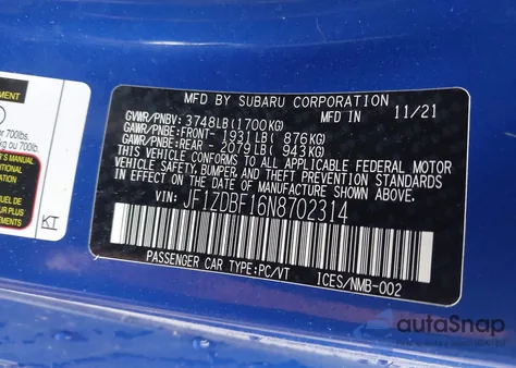 2022 Subaru Brz Limited из США, поврежденный, VIN JF1ZDBF16N8702314